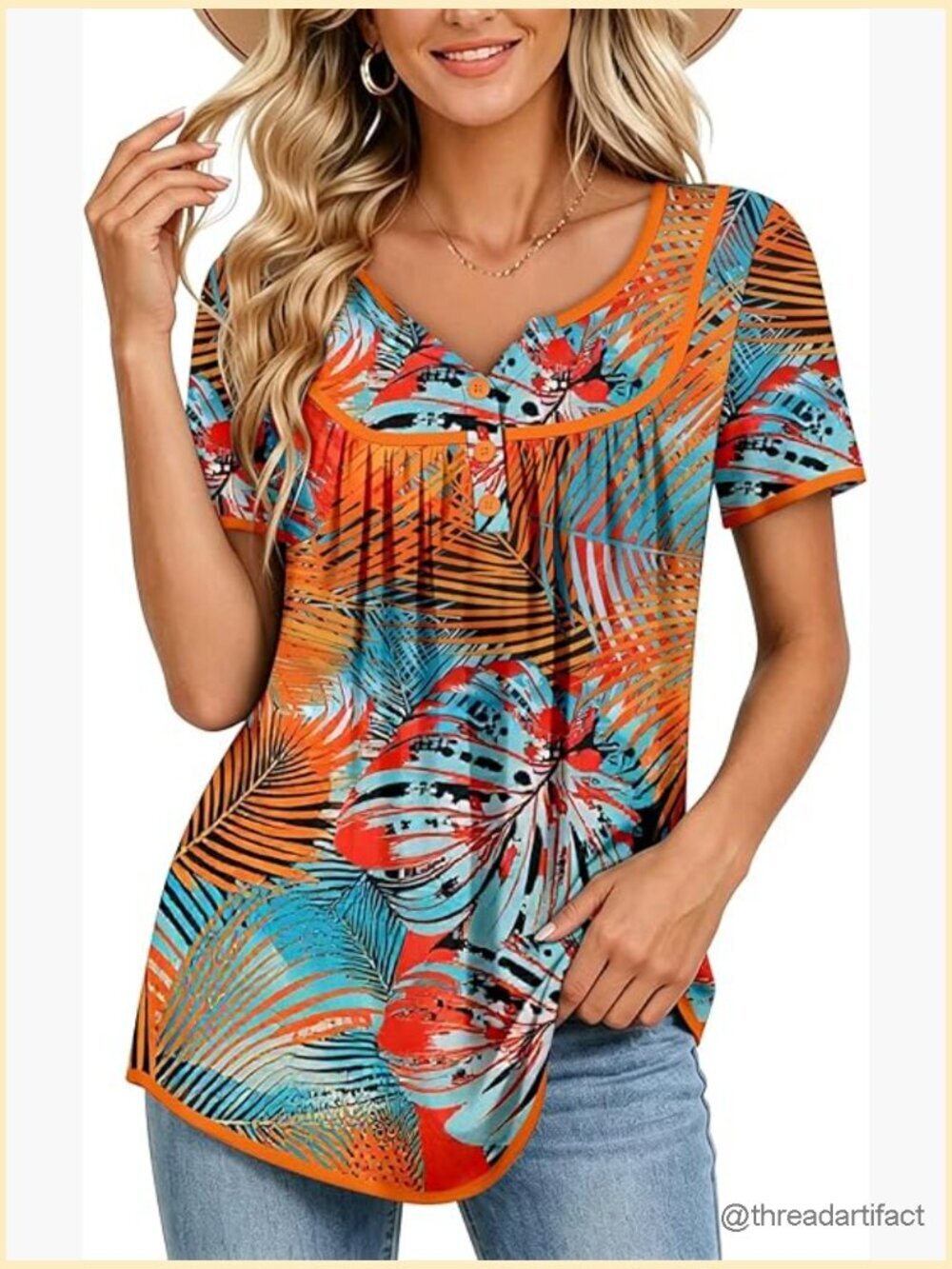 Women's Short Sleeve Henley V-Neck Blouse Floral Tunic Top Loose Fit